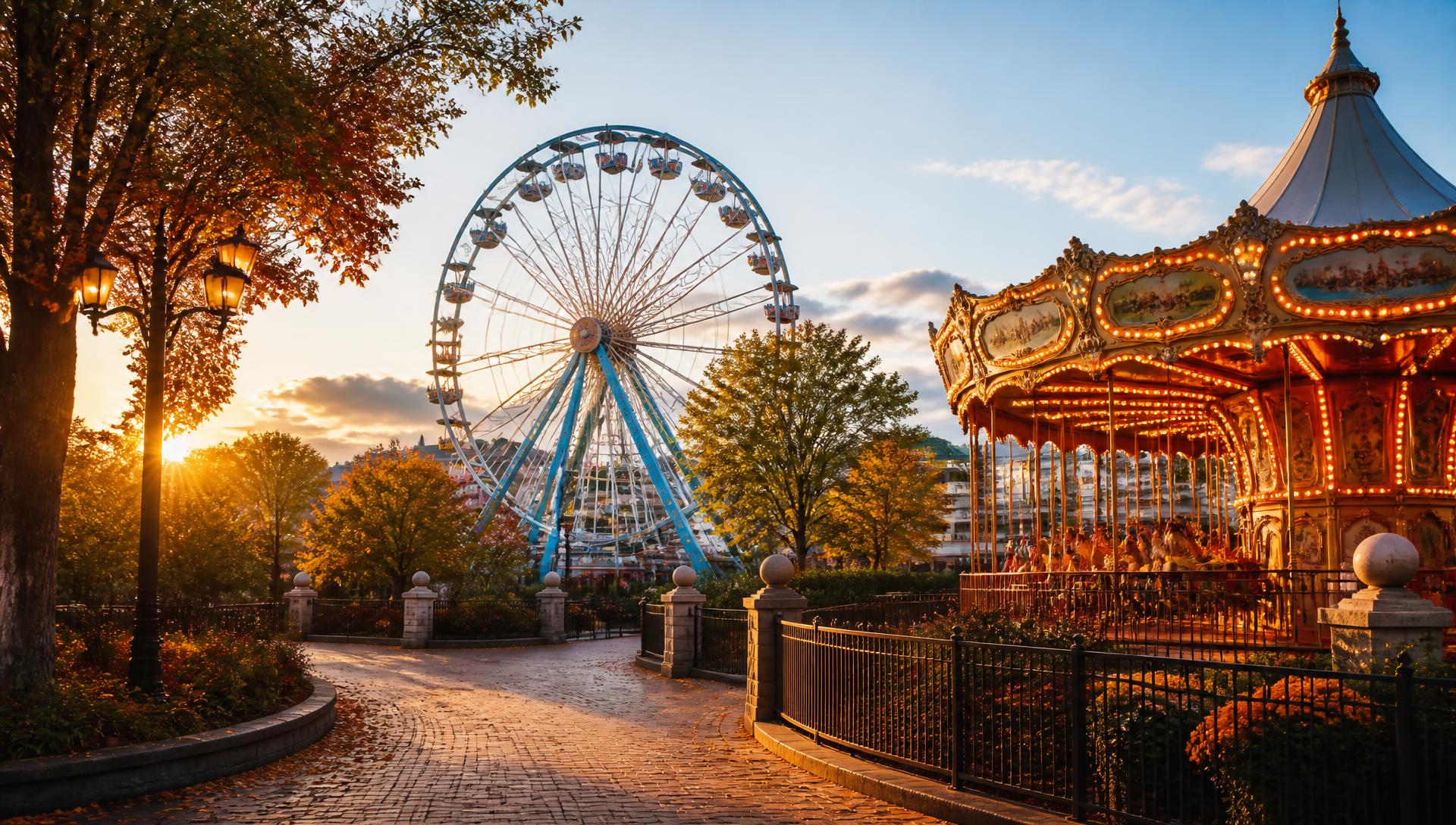 Golden-hour amusement park with a ferris wheel, carousel and tree-lined path
